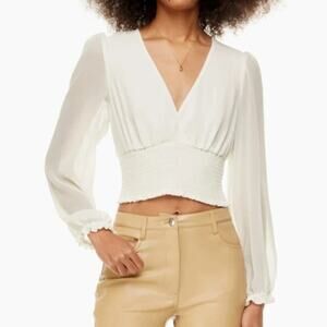Wilfred Women's Ivory Crop V-Neck Smocked Ruffle Classic Blouse Top Size XS